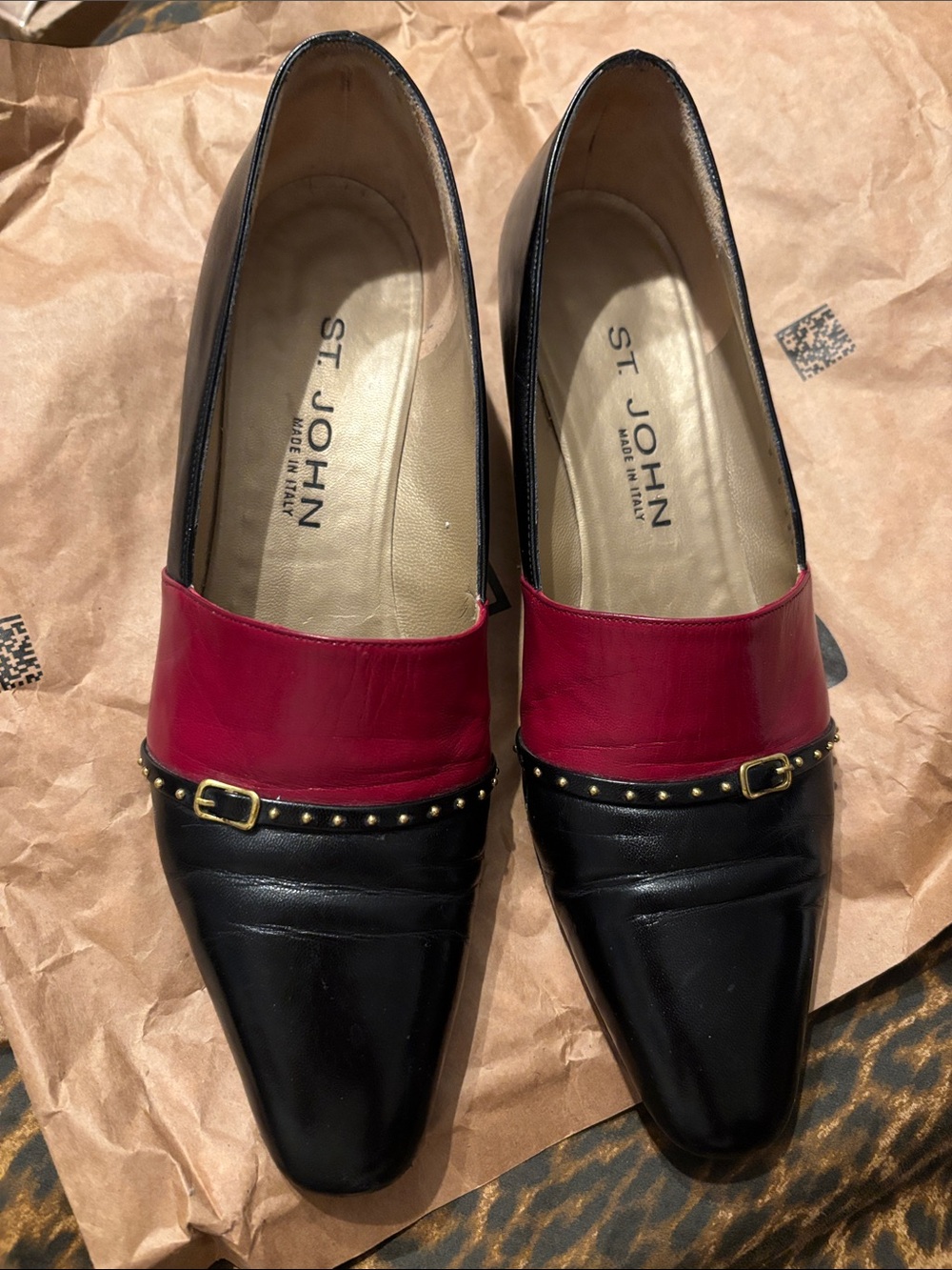 St. John Black and Red Leather Studded Loafers